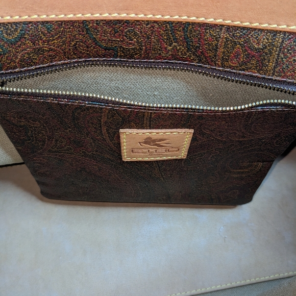 Etro | Vintage Milano Burgundy Paisley Tan Trim Leather Tote Bag - Picture 5 of 8